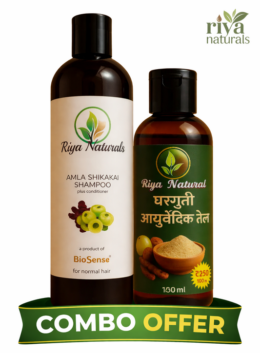रिया नॅचरल्स हर्बल हेअर केअर कॉम्बो  (घरगुती आयुर्वेदिक केसांचे तेल + आवळा–शिकाकाई शॅम्पू)