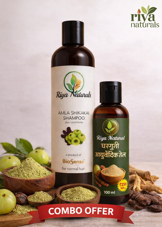 रिया नॅचरल्स संपूर्ण आयुर्वेदिक हेअर केअर कॉम्बो (घरगुती आयुर्वेदिक तेल + आवळा-शिकाकाई शॅम्पू + आयुर्वेदिक मेहंदी)